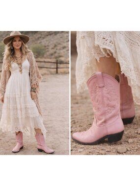 Pink Western Cowboy Boots Leather Embroidered Mid Calf Women US 8.5–9 Vintage